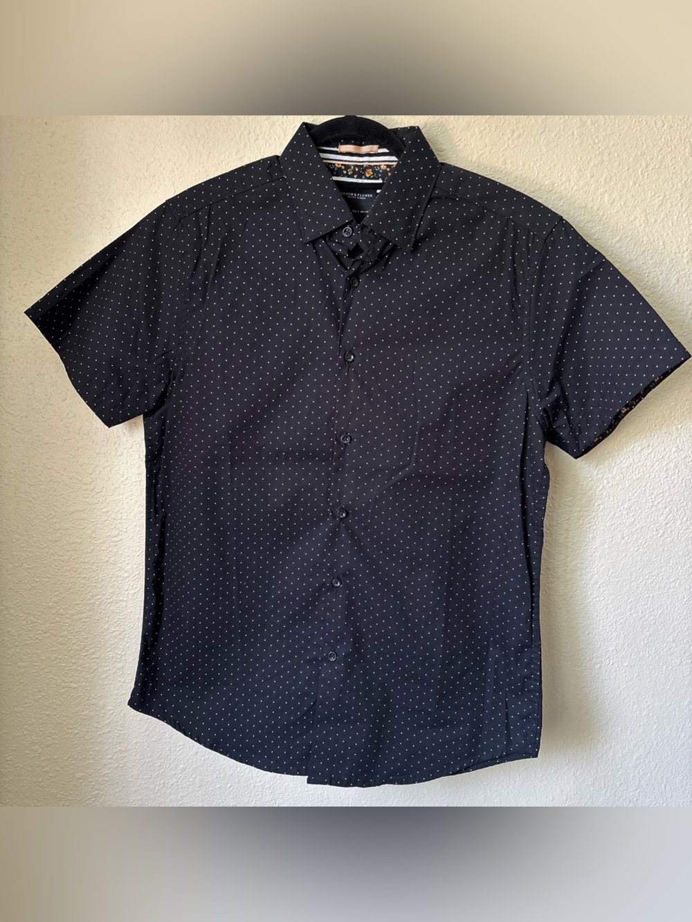 Denim & Flower Men's Black Short-Sleeve Button-Up Shirt with White Micro Dots